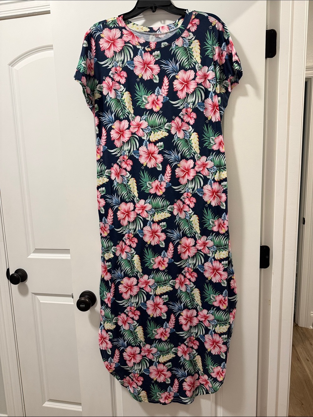 Floral Navy Maxi Dress with Pink Hibiscus